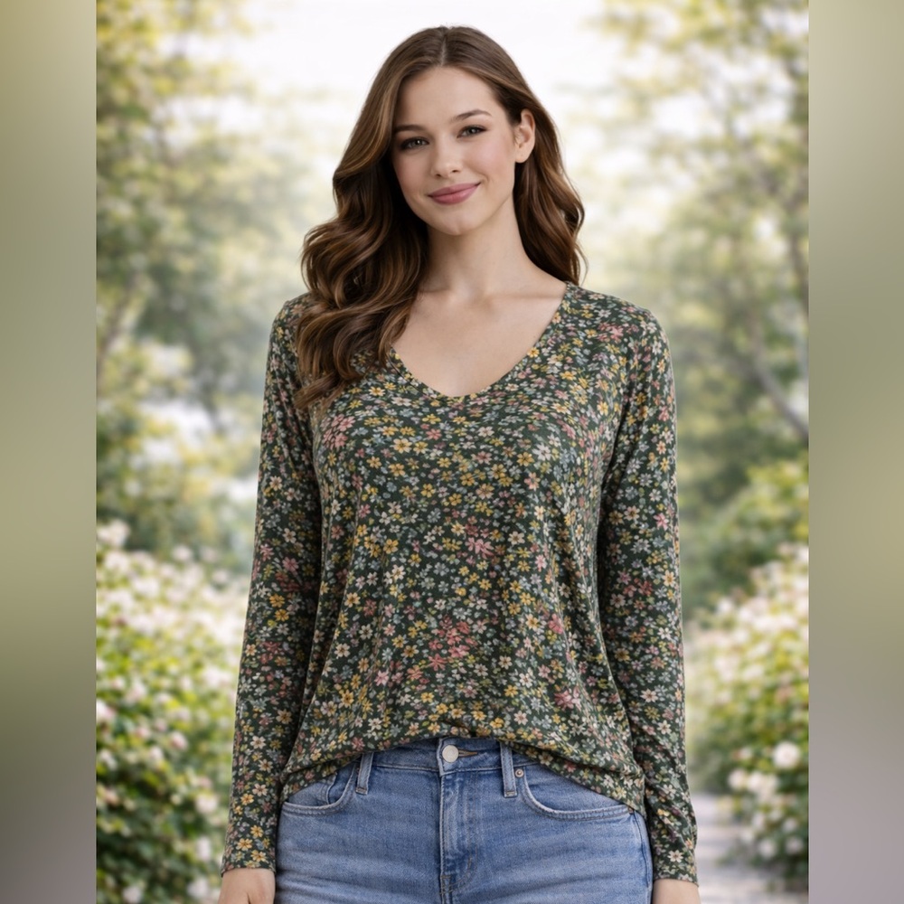 Cato Floral Blouse - Olive and Multicolor Fall 3/4 Sleeve